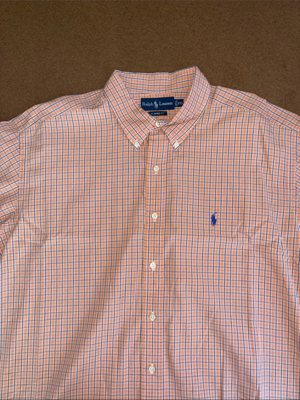 Ralph Lauren XXL Orange Plaid Button-Down Short Sleeve Shirt with Blue Logo